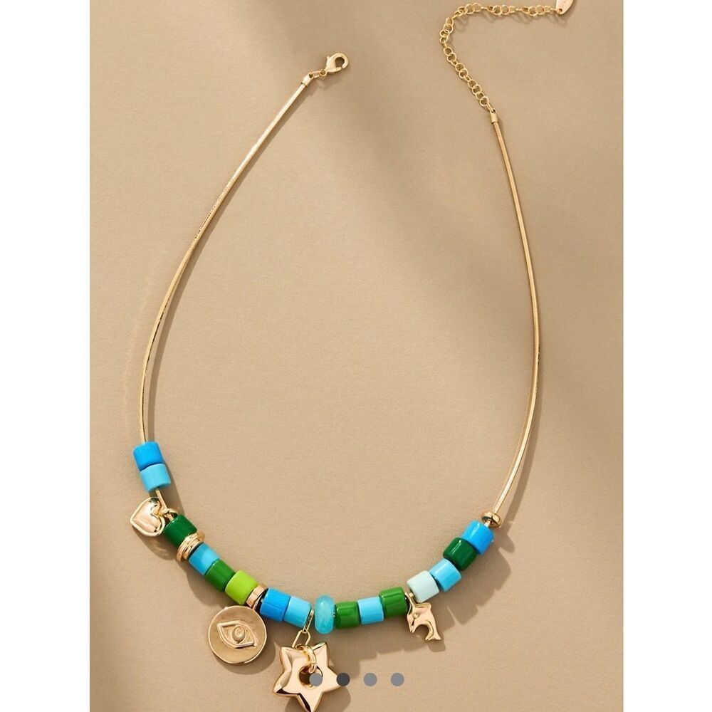 Anthropologie Beaded Charm Necklace in Turquoise, Blue, Gold NWT - Picture 1 of 9
